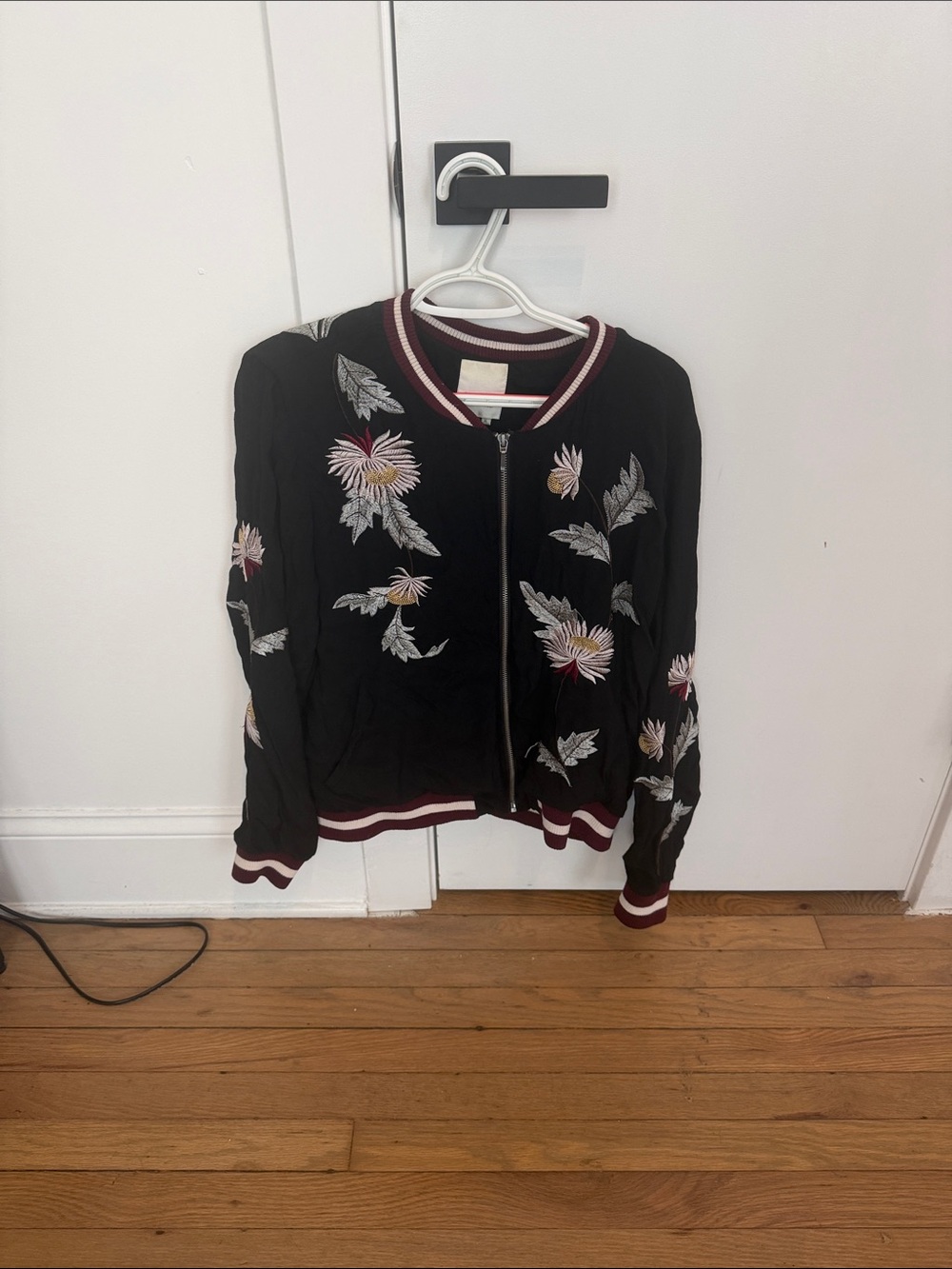 elevenses Black Floral Embroidered Bomber Jacket with Burgundy Trim
